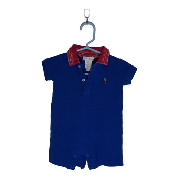 Ralph‎ Lauren Royal Blue Romper Plaid Collar Shortall Jumpsuit Bodysuit 3m - Picture 1 of 5